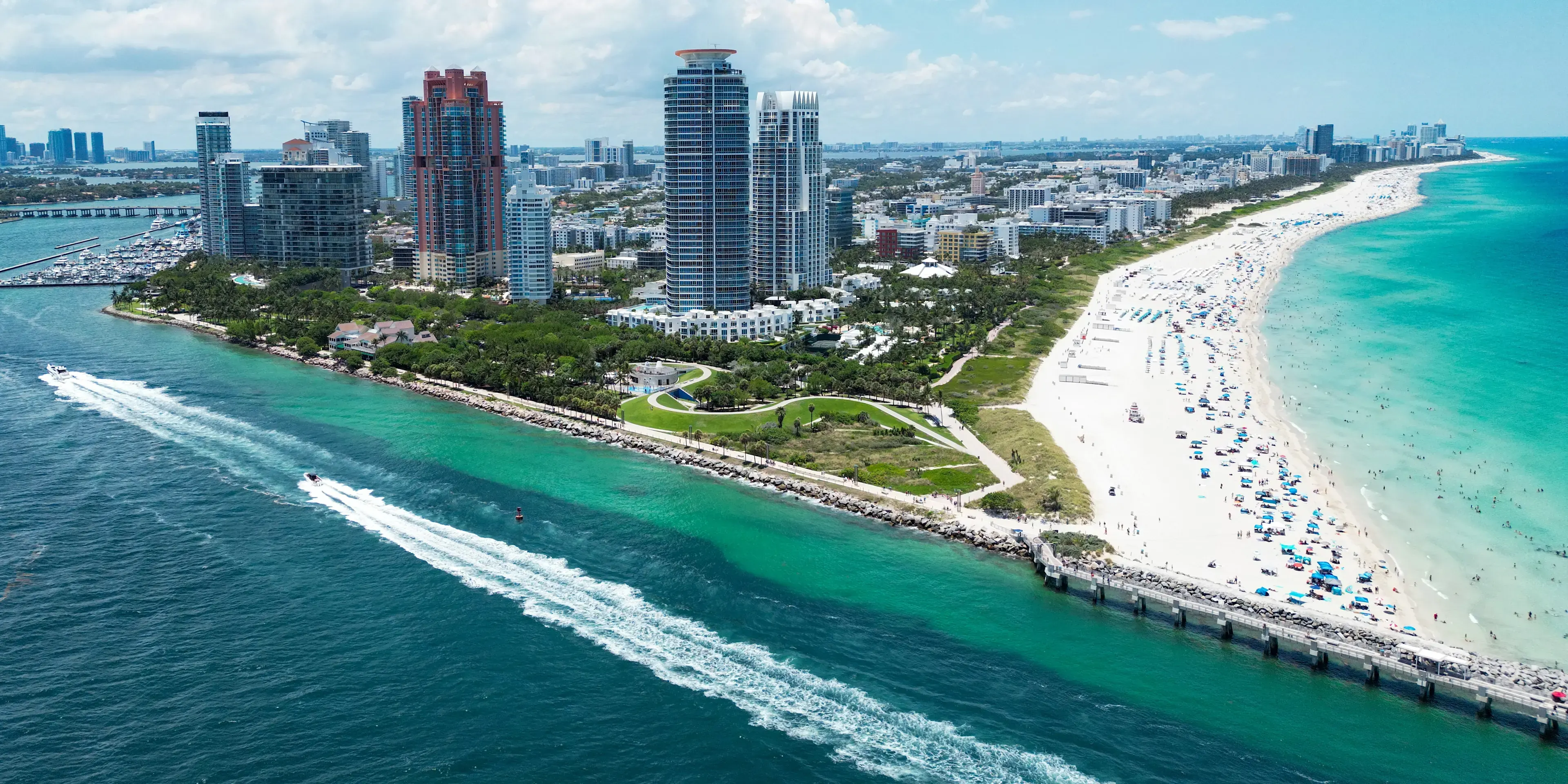 Aerial view of South Pointe, Miami Beach — turquoise water, white sand and towers